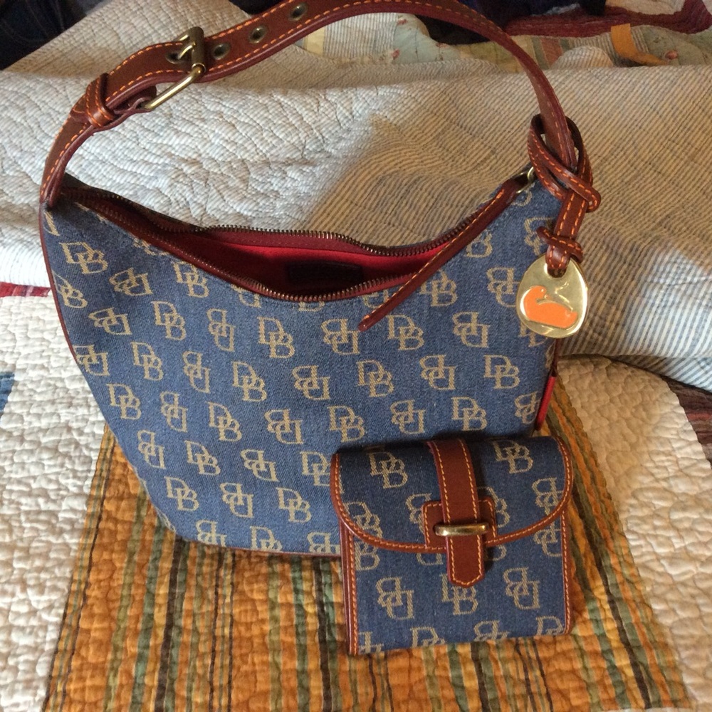 Dooney & Bourke Blue Monogram Shoulder Bag with Tan Trim and Coin Wallet